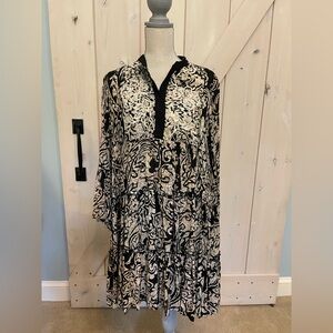 Black and Cream Subtle Ruffled Long Sleeve Dress with bead details on front